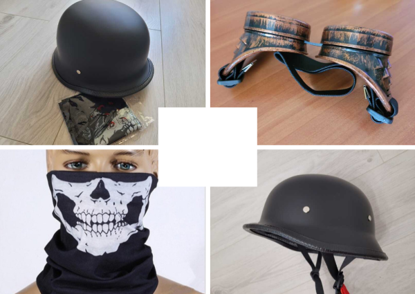 Casca moto nazi omologata cu ochelari retro rotunzi si bandana schelet